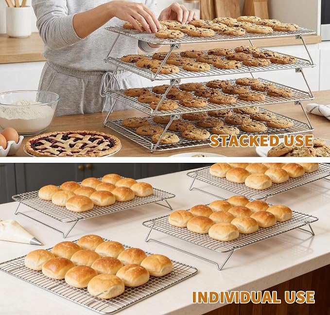 Sourdough Bread Cooling Rack, Oven Rack for Baking and Cooking Collapsible 12"x 16.5" for Half Sheet, Wire Rack Stackable Stainless Steel Rack for Cookie, Cake, Bacon and Jerky