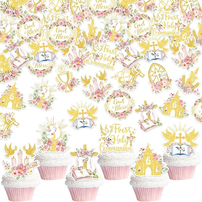 60 PCS Edible God Bless Cupcake Toppers Dove Cross Baptism Cupcake Picks Edible Floral First Holy Communion Cake Decorations for Gold Bless Baptism Theme Baby Shower Birthday Party Supplies Pink