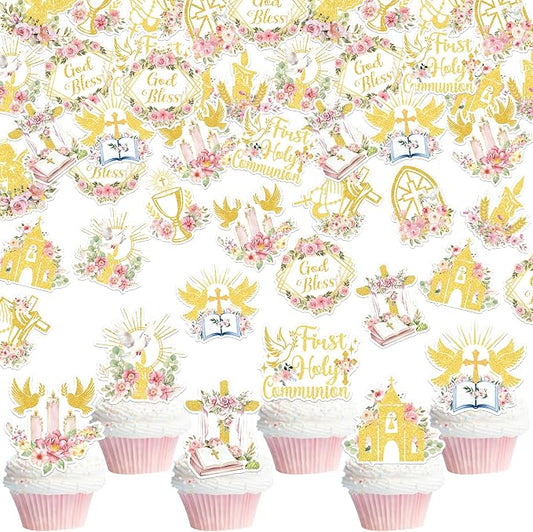 60 PCS Edible God Bless Cupcake Toppers Dove Cross Baptism Cupcake Picks Edible Floral First Holy Communion Cake Decorations for Gold Bless Baptism Theme Baby Shower Birthday Party Supplies Pink
