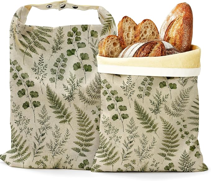 2 Pack Beeswax Linen Vintage Fern Bread Bags, Botanical Leaves Reusable Fresh Keeping Bags for Sourdough & Baguette, Freezable Portable Bread Storage Container 17×13''