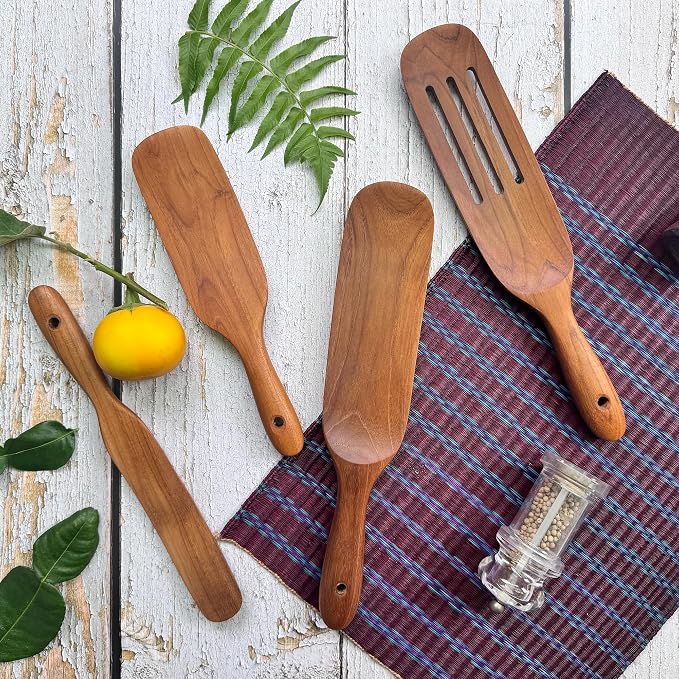 FAAY Teak Spurtle Set, 4 Handmade Wooden Utensils | Premium Thai Teak, Non-Scratch, Moisture-Resistant | Skinny, Medium, Solid & Slotted Spurtles for Mixing, Stirring, Batter & Jars