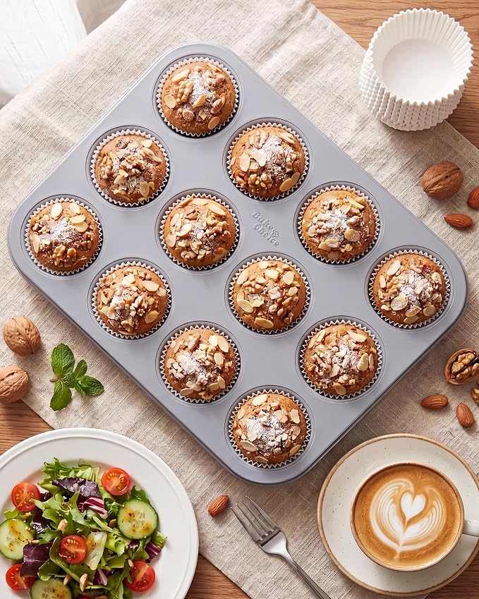 Bake Choice Muffin Pan for Baking, Standard Cupcake Pan includes 100 White Cupcake Liners, Muffin Tin Nonstick 12 Cup, Baking Pans Set,Carbon Steel Baking Supplies, Cream Gray