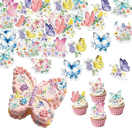 72Pcs Edible Butterfly Flower Cupcake Toppers Wildflower Cupcake Toppers Baby Shower Girl Butterfly Flower Floral Birthday Party Decoration Supplies