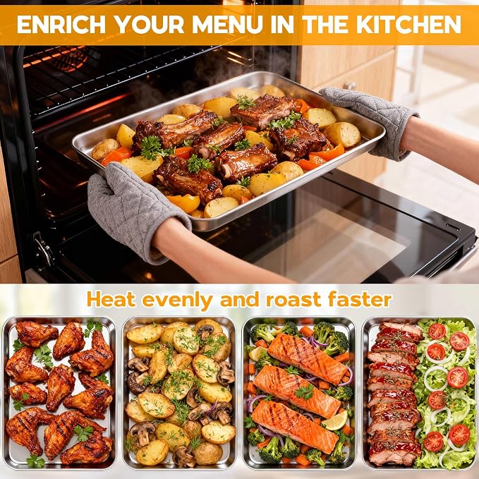 Onader Baking Cookie Sheet Set of 6, 20 x 14 Inch Stainless Steel Large Baking Sheet Pan, 1 Inch Deep Metal Oven Pan Tray for Oven, Easy Clean & Dishwasher Safe