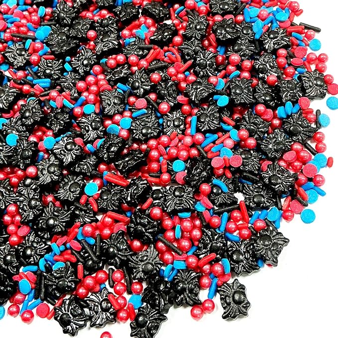 Spider Sprinkles Edible Red And Blue Jimmies Pearls Mix Themed Birthday Sprinkles for Cake Decorating Baking Cake Cookie Cupcake Birthday,Children's Party Supplies