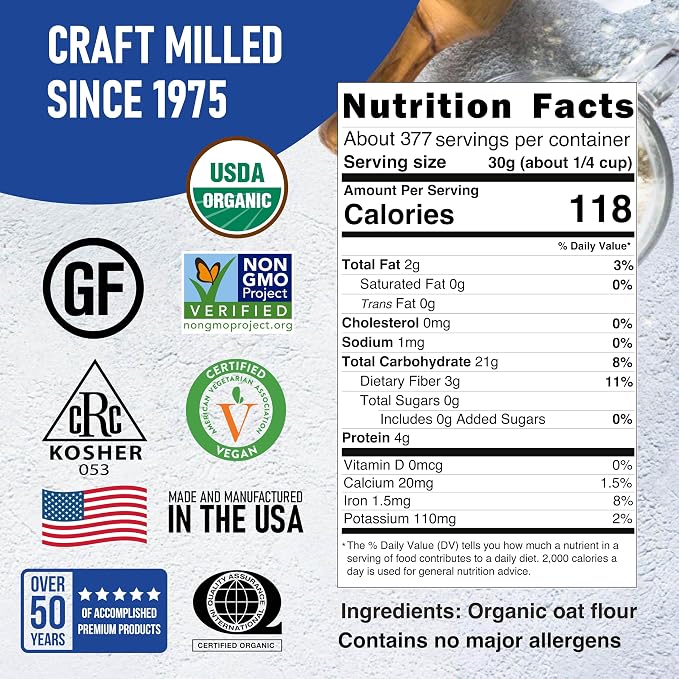 Great River Milling Organic Oat Flour | Gluten Free Whole Grain Flour | Non-GMO, Kosher, Vegan Certified | Naturally Sweet Flavor for Pancakes, Muffins, Cookies & Baking Blends | 25 Lb