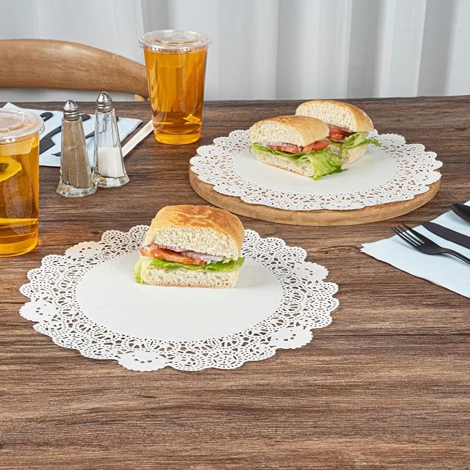 Restaurantware Pastry Tek 12 x 12 Inch Lace Doilies 100 Decorative Tableware Placemats - Disposable Round White Paper Table Doilies For Birthdays Or Weddings Table Decor