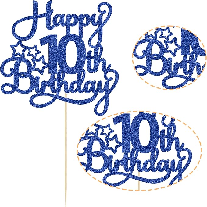 1 Pack Happy 10th Birthday Cake Topper Glitter Heart Star 10 Fabulous Cake Pick Birthday Sign Cake Decorations for Children 10th Birthday Theme Party Supplies Blue