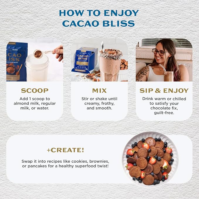 Earth Echo Cacao Bliss - Ceremonial Grade Organic Raw Cacao Powder with MCT Oil & Turmeric - Supports Energy Boost, Mindful Snacking & Focus - Unsweetened, Vegan, GMO-Free, 15 Packets for On-the-Go