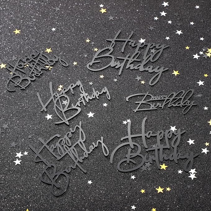 Barydat 24 Pieces Black Happy Birthday Cake Toppers Mirror Acrylic Cupcake Topper Happy Birthday Sign for Cake Side Cupcake Decorations, 6 Styles