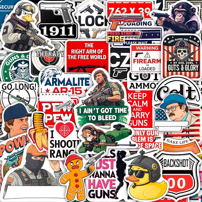 100Pcs Firearm Stickers and Decals, Gun & Tactical Stickers Pack- Military Decals - Firearm Party Decorations - Gift for Women & Men