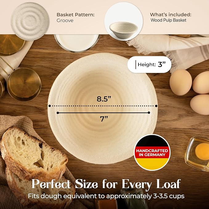 Wood Pulp Banneton Bread Proofing Basket – 9" Round 1.5LB Brotform, Grooved Pattern – Non-Stick Natural Wood Pulp Pressed for Durability – Made in Germany Proofing Baskets for Sourdough Bread Baking