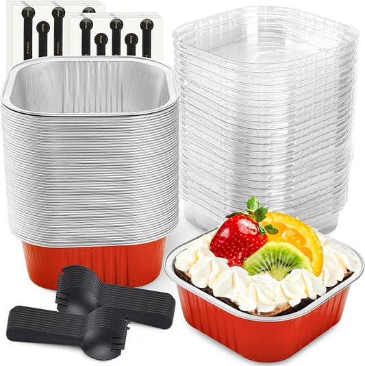 NPLUX 50 Pcs Mini Square Baking Cups with Lids and Spoons Aluminum Foil Mini Cake Pans with Lids Disposable Ramekins Cake Pans Dessert Cups for Wedding, Graduation Gifts Party Favors(Red,10oz)