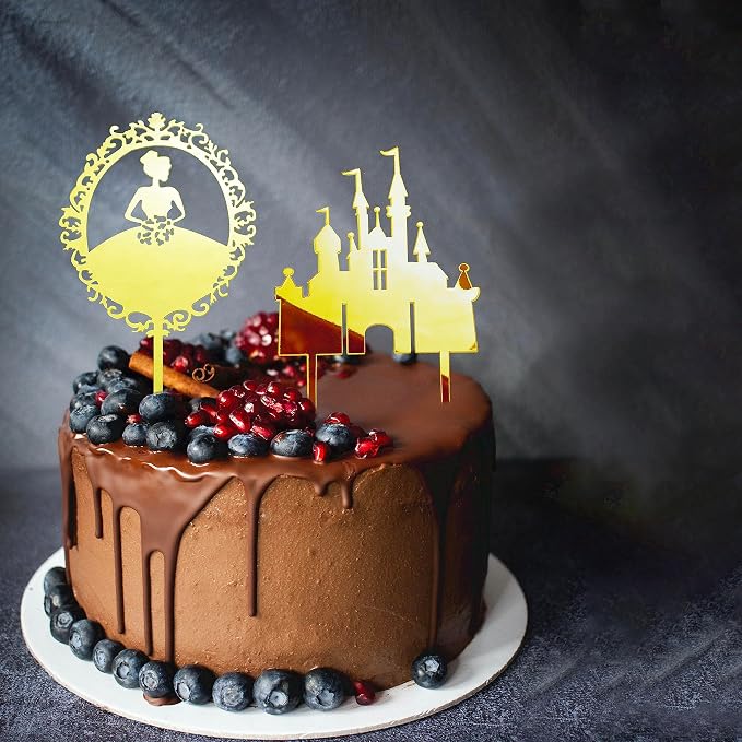 2Pcs Queen's Birthday cake topper Queen's Castle Acrylic Mirror Girl Cake Decoration Girl Birthday Wedding Anniversary Party Decoration Gift Gold Insert (golden) (Acrylic)