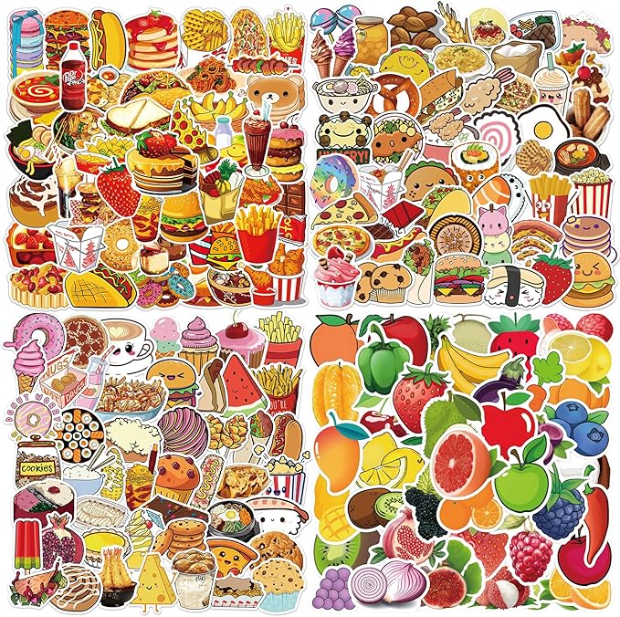200Pcs Food Stickers for Kids Adults, Waterproof Snack Bread Fruit for Water Bottle Laptop Scrapbook Luggage, Cute Decals for Boys Girls