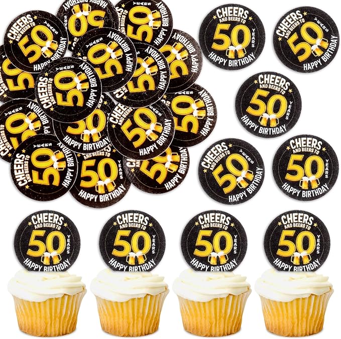 40Pcs Edible Cheers Beers to 50 Years Cupcake Toppers Edible Black Happy 50th Birthday Cupcake Picks Drink Toppers for Cheers Beers Theme 50th Men Birthday Party Decorations