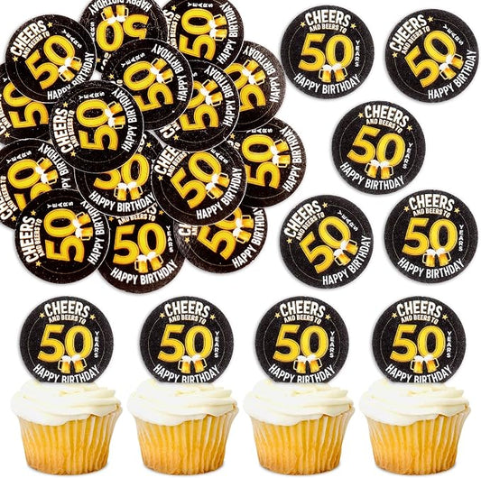 40Pcs Edible Cheers Beers to 50 Years Cupcake Toppers Edible Black Happy 50th Birthday Cupcake Picks Drink Toppers for Cheers Beers Theme 50th Men Birthday Party Decorations