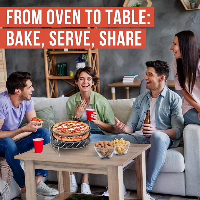 Chef Pomodoro Pizza Pan and Pizza Rack Baking Set (13-Inch Pans), Non-stick Perforated Trays for Oven or Grill, Foldable Rack Stand Accessories and Supplies for Countertop, Cooling, & Baking