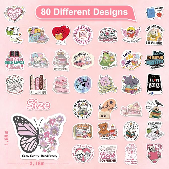 80 Pcs Holographic Bookish Stickers for Scrapbooking, Waterproof Vinyl Romance Book Stickers for Kindle Ebook Scrapbook Laptops waterbattle, Reading Glitter Decals for Teens Adults