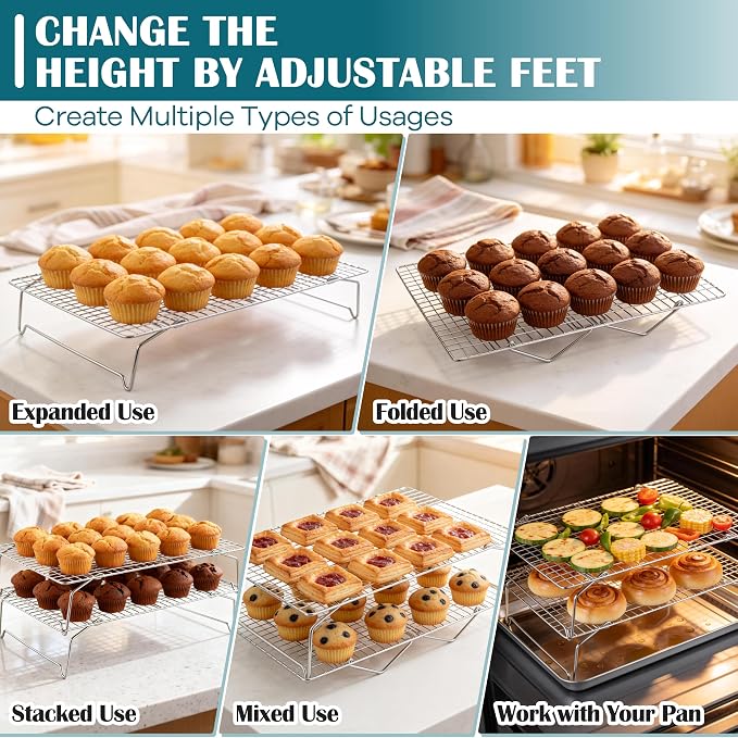 P&P CHEF 5 Tier Cooling & Baking Racks, Stainless Steel Stackable Grid Cooking Rack for Cooling Roasting Grilling, Collapsible & Heavy Duty, Oven & Dishwasher Safe, 15" x 10"