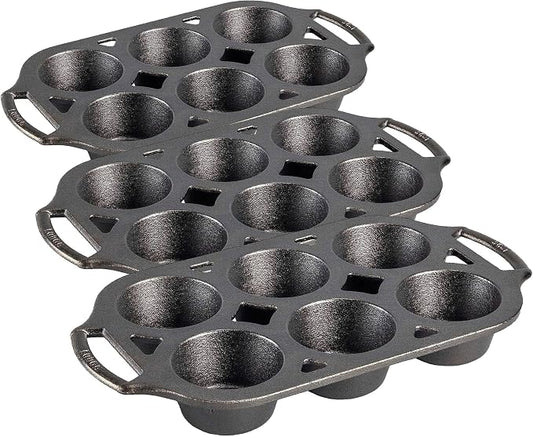 Lodge Seasoned Cast Iron Muffin Pan, 6 Impressions, 12.69", Black (Pack of 3)