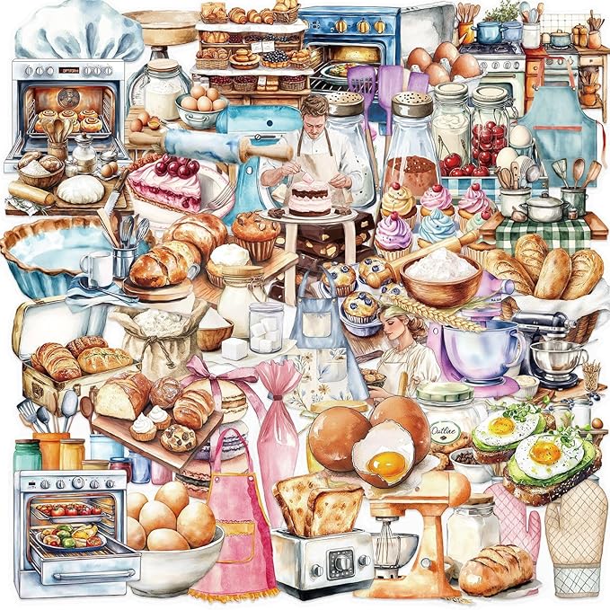 Cute Baking Stickers for Adults,Teens,Kids, 50PCS Realistic Bakery PET Transparent Waterproof Stickers Pack for Water Bottles,Laptop,Scrapbook, Bakery Themed Party Decorations (Baking)