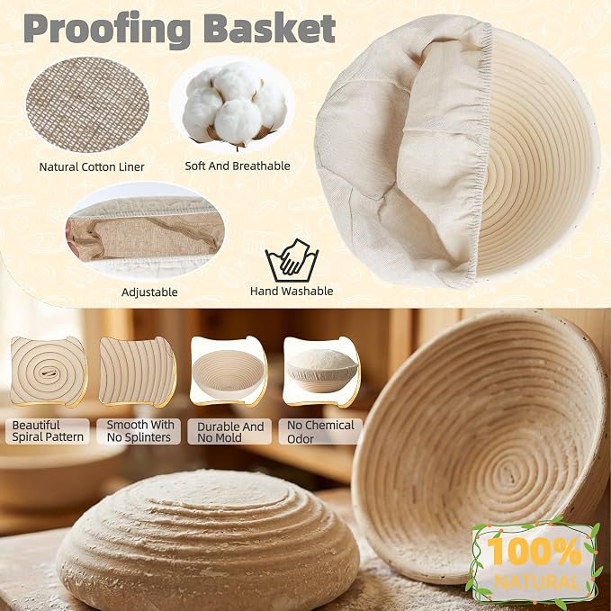 LOCONHA Sourdough Starter Kit, Sourdough Bread Baking Supplies Making Tools， Includes Round & Oval Banneton Bread Proofing Basket, Sling, Jar, Whisk, Scrapers, Stencils & Bag