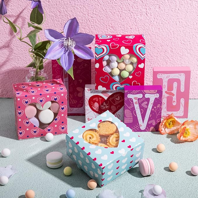 JOYIN 24 Pcs Valentine’s Day Bakery Treat Boxes,Valentines Cupcake Boxes,Cookie Cardboard Boxes with with Heart PVC Window for Holiday Pastries,Wedding Doughnut
