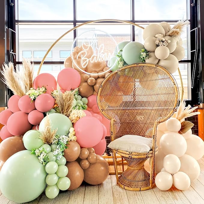 Sage Green Pink White Brown Balloons Garland Arch Kit, 160Pcs Boho Dusty Green Cherry Blossom Pink White Sand Brown Balloons for Girl Bridal Baby Shower Wedding Birthday Party Decorations
