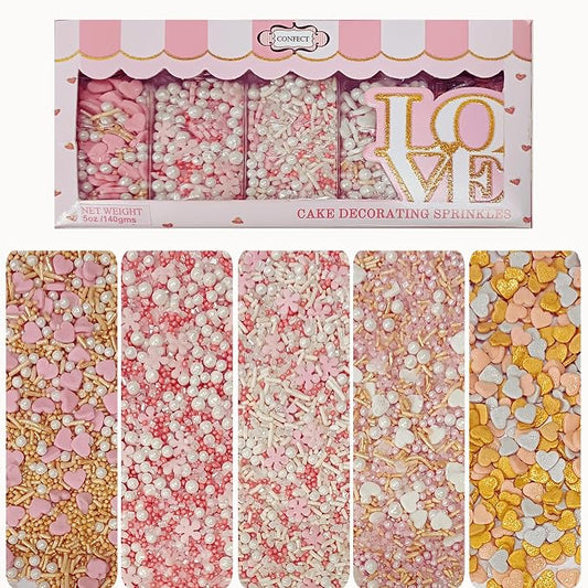 Confect Pink, Silver, Gold & White Pearl Sprinkles Mix – Edible Baking Decorations for Cakes, Cupcakes, Cookies – Valentine’s & Celebration Sprinkle Set – Pack of 5 - Vegan, Gluten-Free, Nut-Free, Soy-Free, Dairy-Free, Palm Oil-Free -5 Oz