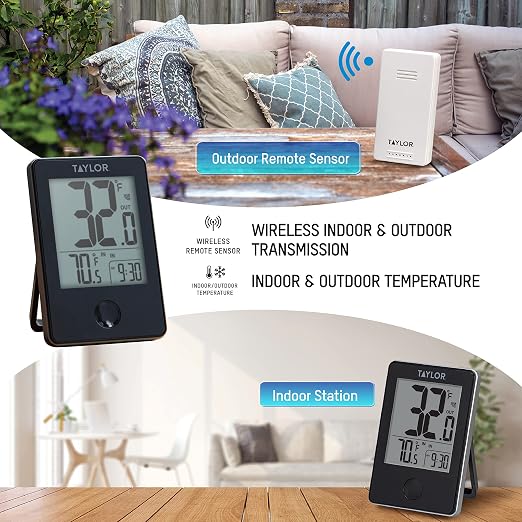Taylor Wireless Digital Indoor Outdoor Thermometer, Easy to Read Numbers for Patio, Pool, and Indoor Areas, LCD, Black