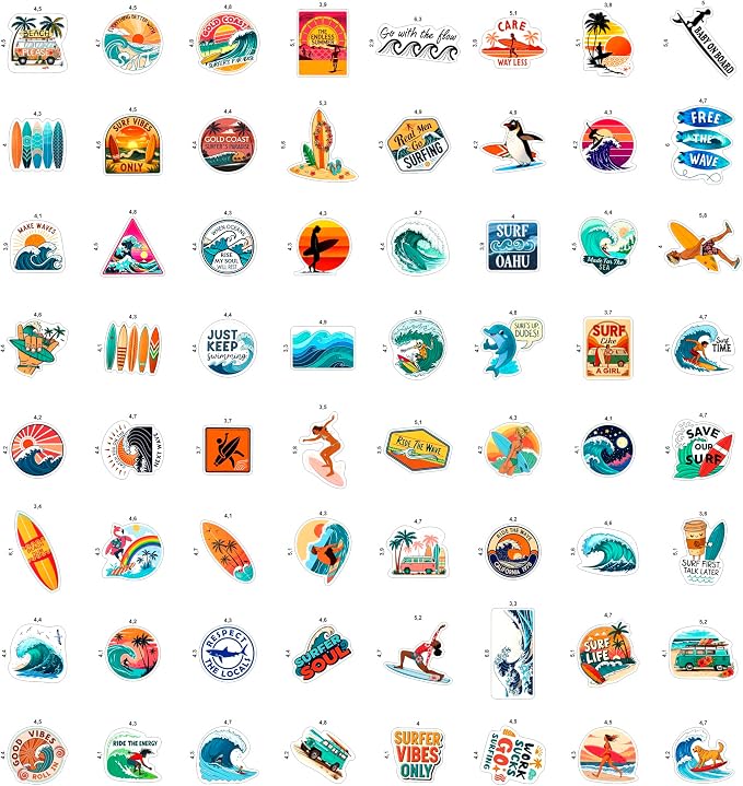 100Pcs Surf & Wave Stickers for Laptop, for Water Bottles, Surfing Stickers - Surfing Gifts for Surfers - Surf Party Supplies & Decoretions - Gift for Women & Men