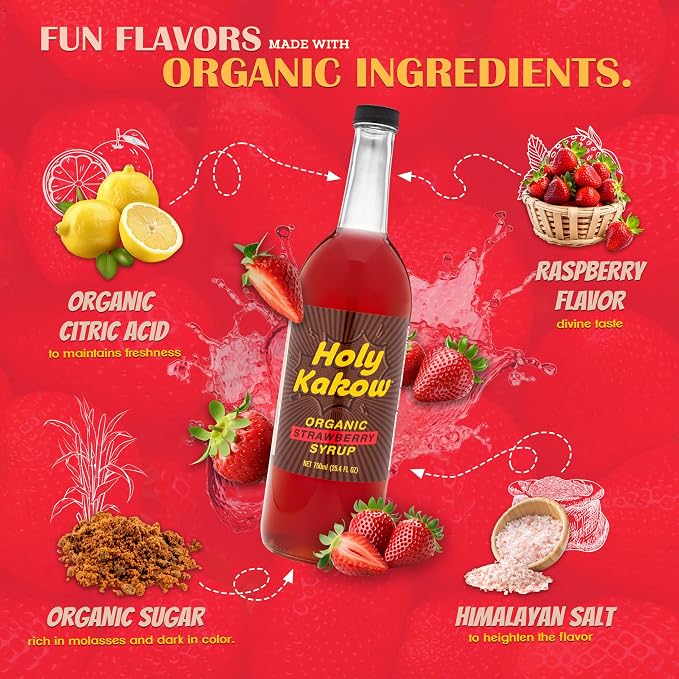 Holy Kakow Organic Strawberry Syrup - Strawberry Fruit Syrup for Hot or Cold Drinks, Dye Free, All-Natural, Simple & Flavorful, Non-GMO, Vegan, Gluten Free - 750 ml
