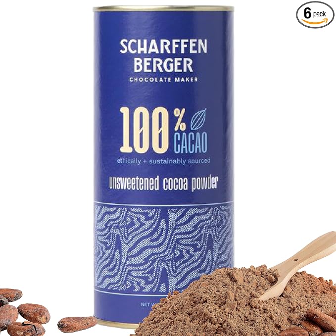 Scharffen Berger 100% Cacao Unsweetened Dark Chocolate Cocoa Powder (6 Ounce, Pack of 6) - Gluten Free, Non GMO, Natural Chocolate Powder