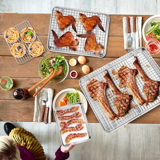 P&P CHEF 16 + 12.5 + 9 Inch Baking Sheet and Rack Set, Stainless Steel Cookie Sheets Oven Baking Pans Trays with Cooling Racks for Cooking & Roasting, Oven & Dishwasher Safe, (6Pcs)