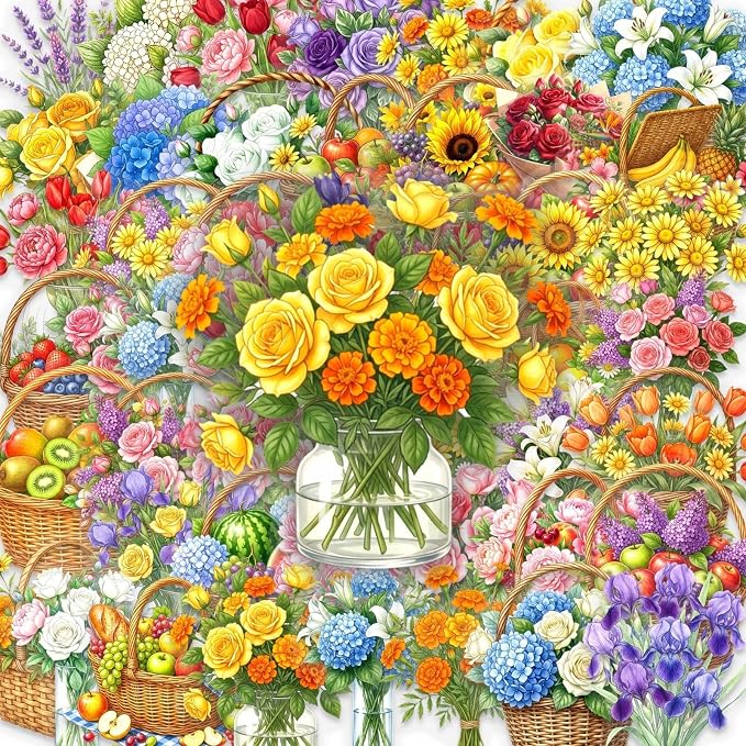 50 pcs Watercolor Flower Fruit Basket Clear PET Stickers, Colorful Rose Sunflower Floral Food Transparent Die-Cut Decals, Waterproof Stickers for Journal Scrapbook Planner Cottage DIY Decor