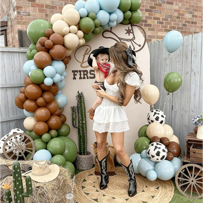 Cowboy Blue Green Brown Balloon Garland Arch Kit, 144Pcs Light Pink Sage Green Cream Cow Balloons for Birthday Baby Shower First Rodeo Cowboy Western Themed Party Decorations