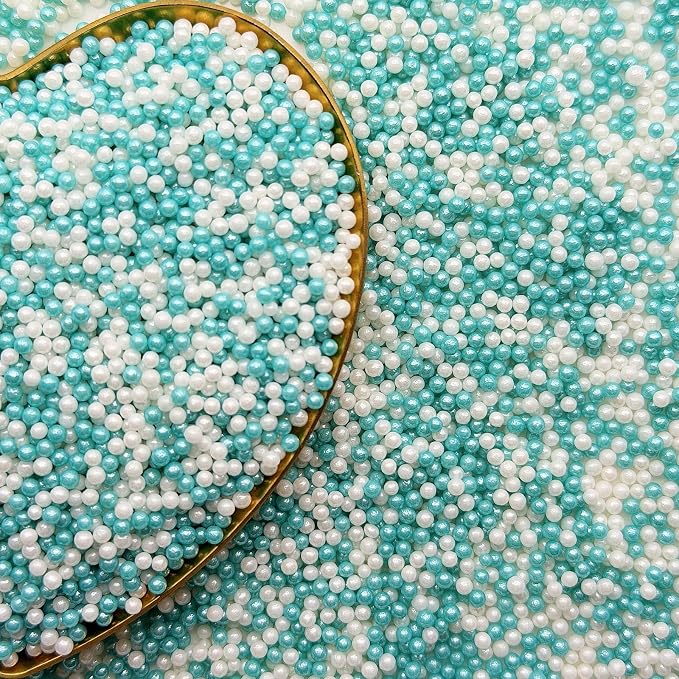 CandiJumpin 2mm Teal and White Edible Pearls, White and Teal Nonpareils Sprinkles Small Pearl Sprinkles for Cake Decorating Mini Sugar Pearls for Baking Baby Shower Party Wedding Christmas Supplies 3 OZ