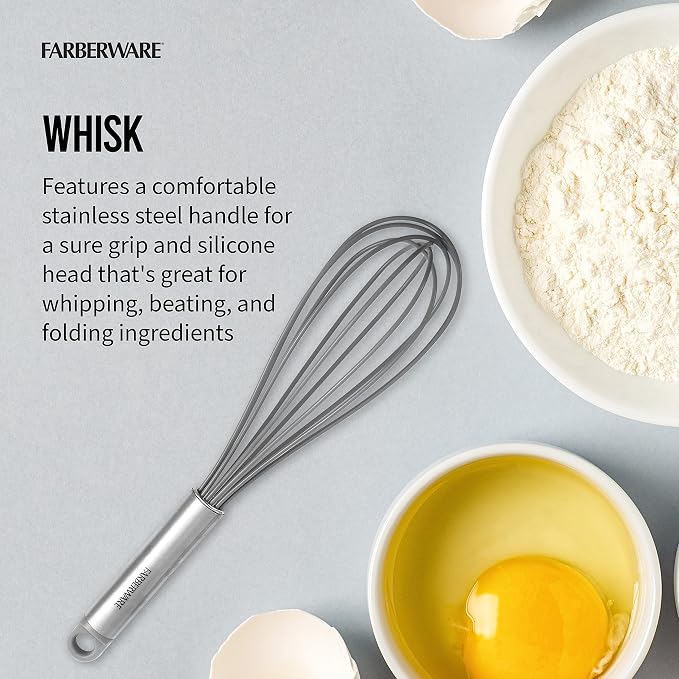 Farberware Pro Whisk and Spatula Set, Stainless Steel Handles with Heat Resistant Silicone Heads, 2-Piece Baking and Cooking Kitchen Utensils Set, Dishwasher Safe