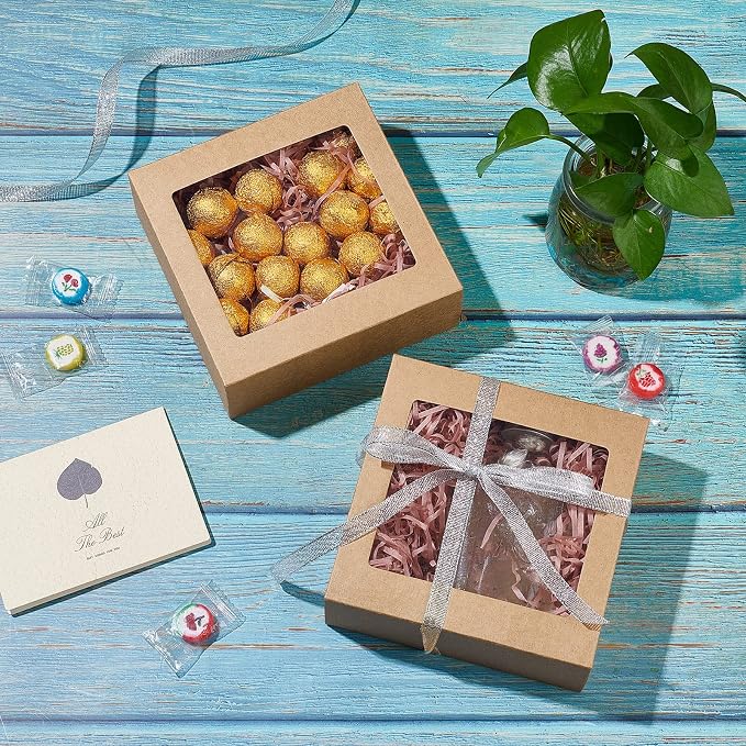 BENECREAT 16Packs 5.5x5.5x2inch Clear PVC Square Window Gift Boxes, Brown Kraft Paper Present Boxes for Wedding Gift, Chocolates, Cookies and Other Small Crafts