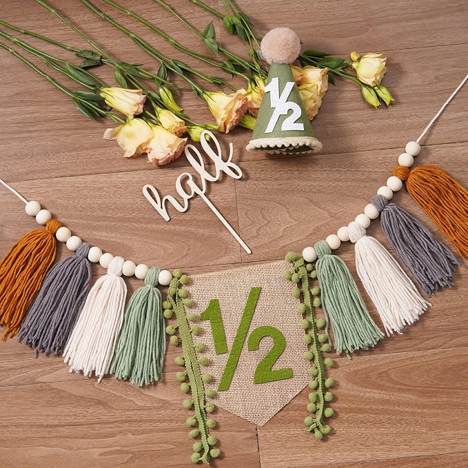 CWK Half Birthday Decorations for Baby, 1/2 Birthday High Chair Banner with Cone Hat & Cake Topper, Half Way to One Party Kit, Photo Props for 6 Month Baby Birthday(Green)