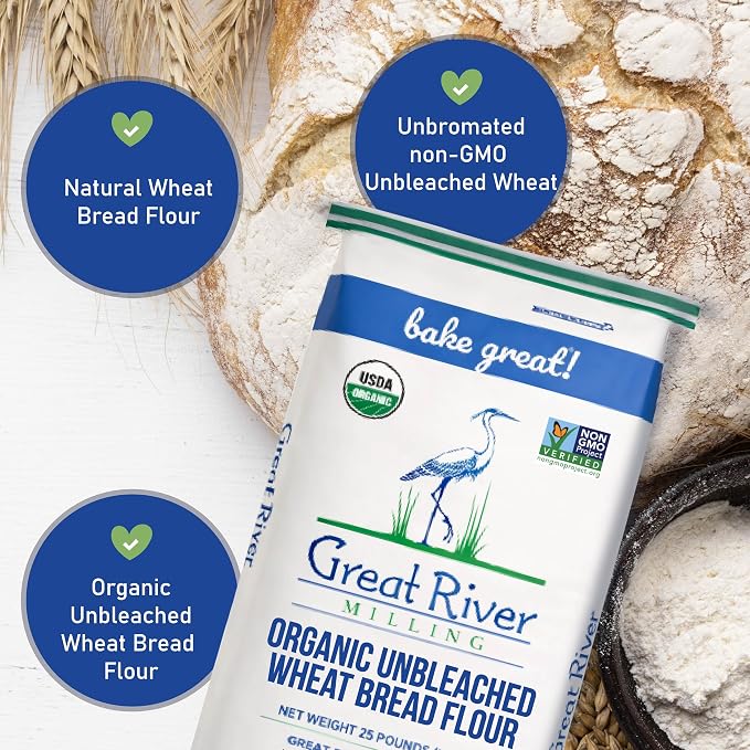 Great River Milling Organic Unbleached Wheat Bread Flour | Artisan Bread Flour for Baking | Multi-Purpose Wheat, Unbromated, Non-GMO, Kosher | 25 Lb (Pack Of 1)
