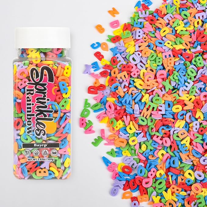Bayep Rainbow Sprinkles for Cake Decorating Alphabet Bulk Sprinkles for Ice Cream, Cookies, Baking, Cupcake Topper Colorful Sprinkles Perfect for Birthday Party Christmas Holiday Supplies 3.52 Ounce