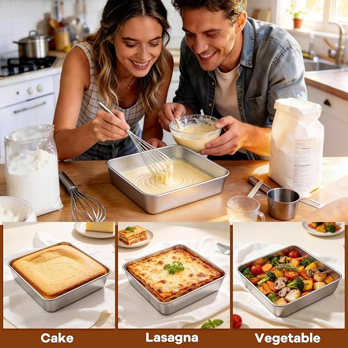 LIANYU 9 x 9 Baking Pan with Lid Set, 4 Pack Stainless Steel Square Cake Pans, Deep Brownie Baking Dish for Oven, Dishwasher Safe & Heavy Duty (4 Pan +4 Lid)
