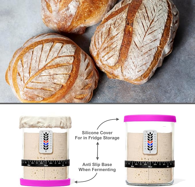 Premium Sourdough Starter Jar - 40oz Large Sourdough Jar with Marked Feeding Band, Scraper, Cloth Cover and Silicone Lid/Base, Wide Mouth Starter Kit - Pink