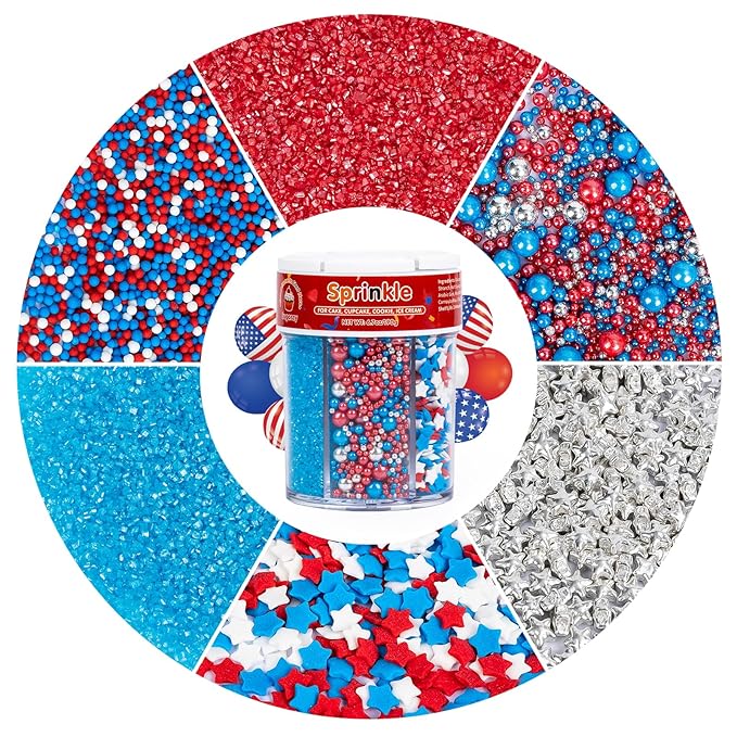 Patriotic Sprinkles for Cake Decorating,6 Cell-6.7oz,July 4th Edible Sprinkle Baking Decorations,Blue Red White Silver Pearls Nonpareils Confetti and Stars-Shape Sanding Sugar Mix,for Cookies,Ice Cream,Fondant Cake,Cupcakes,Desserts Decorating,May Day,...