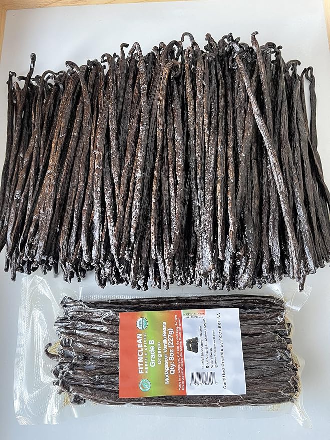 8oz Organic Madagascar Vanilla Beans Grade B for Extract. Certified USDA Organic. 5"-7" by FITNCLEAN VANILLA for Paste and Baking (1/2 Lb) Whole NON-GMO Pods