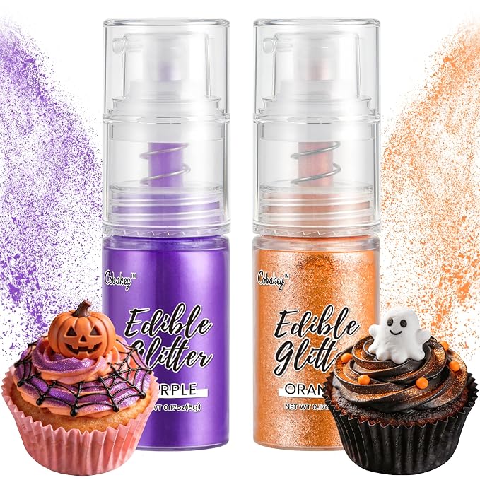Halloween Edible Glitter Spray, Purple & Orange Edible Glitter for Cocktails, Cobakey Luster Dust Edible for Cake Decorating, Drinks, Baking, Chocolate, Strawberrie 5g/2 Bottles
