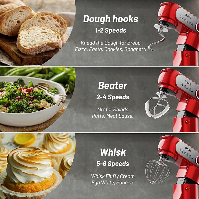 Stand Mixer, 3.5QT+6QT Two Bowls Kitchen Electric Mixer, 600W 6+P speed Tilt-Head Food Mixer with Stainless Steel Bowl, Dishwasher-Safe Dough Hook, Flat Beater, Wire Whisk, Splash Guard, Red
