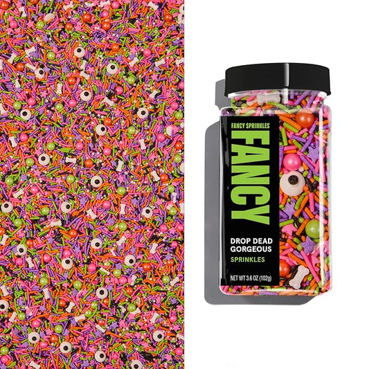 Fancy Sprinkles Drop Dead Gorgeous Sprinkles | Candy Eyeballs & Bone Shaped Candy | Neon Halloween Jimmies & Nonpareils | Halloween Cake, Cupcake & Cookie Decorating | 1 Pack (0.5c)
